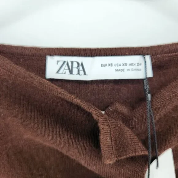 Zara Women's XS Brown Long Sleeve Ribbed Front Cardigan Top NWT - Picture 2 of 7